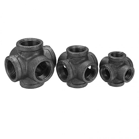 1/2'' 3/4'' 1'' 6 Way Pipe Fitting Malleable Iron Black Double Outlet Cross Female Tube Connector