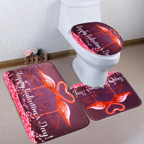 180x180cm Flamingo Valentine's Day Bathroom Shower Curtains Toliet Mat Rug + Hook
