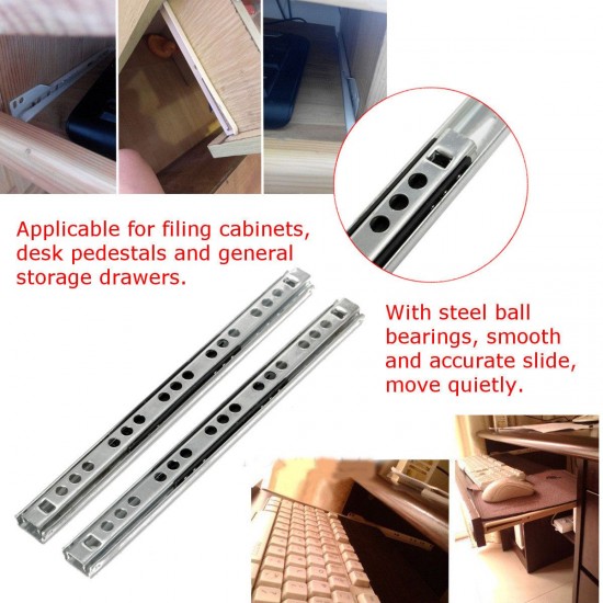 2pcs Metal Drawer Ball Bearing Slide Mute Guide Track 8-16Inch Silver