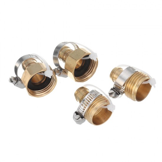 3/4'' NPT Brass Male Female Connector Garden Hose Repair Quick Connect Water Pipe Fittings Car Wash Adapter w/ Adjustable Ear Hose Clamp Clip