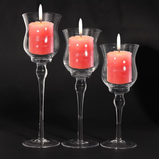 3Pcs Clear Candle Lantern Glass Cup Holder Long Stem Stand Wedding Party Home Decor