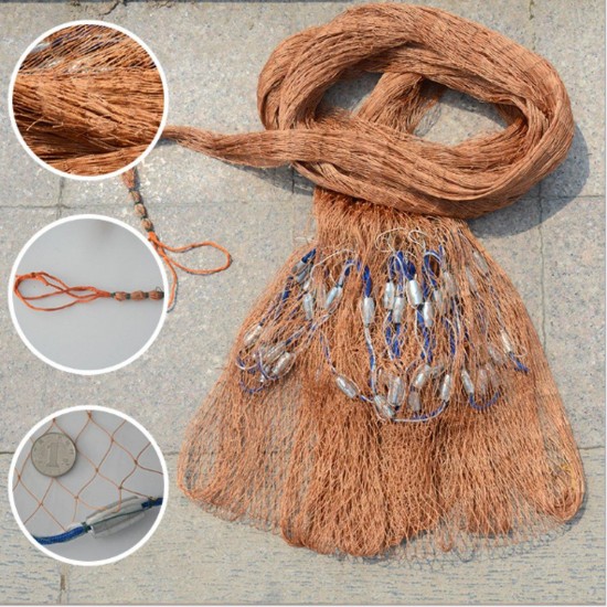4.8M Cast Fishing Net Saltwater Bait Casting Strong Nylon Line With Sinker 8FT Brown