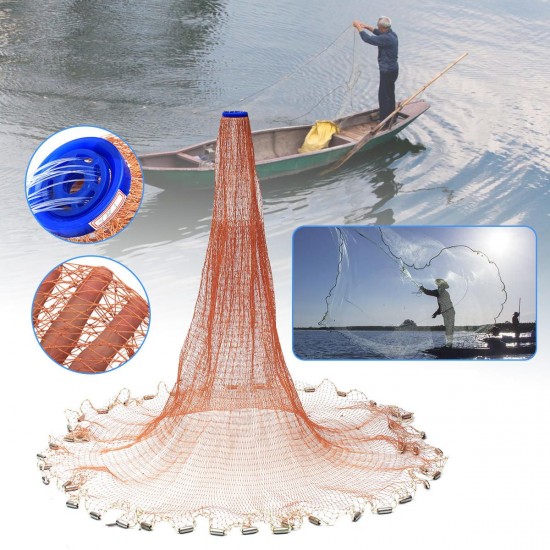 4.8M Cast Fishing Net Saltwater Bait Casting Strong Nylon Line With Sinker 8FT Brown