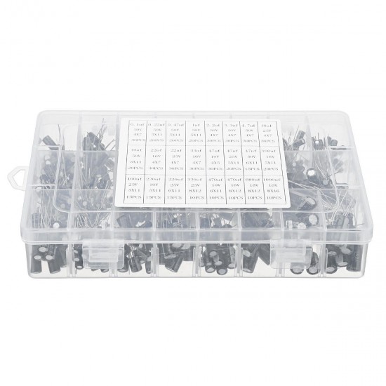 500PCS Electrolytic Capacitor Assortment Box Kit 0.1UF-1000UF 16V-50V 24 Values