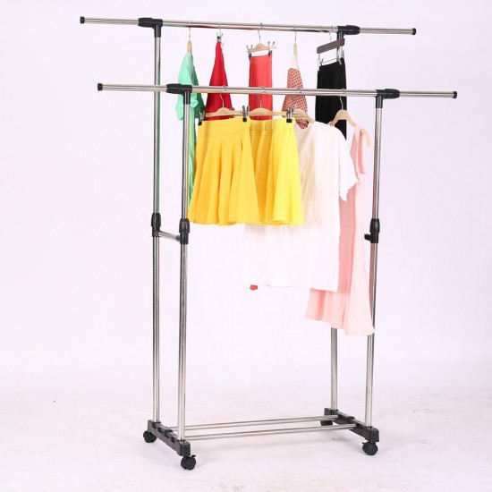 Adjustable Stainless Steel Rolling Rail Movement Cloth Storage Drying Rack Double Bar Hanger Garment
