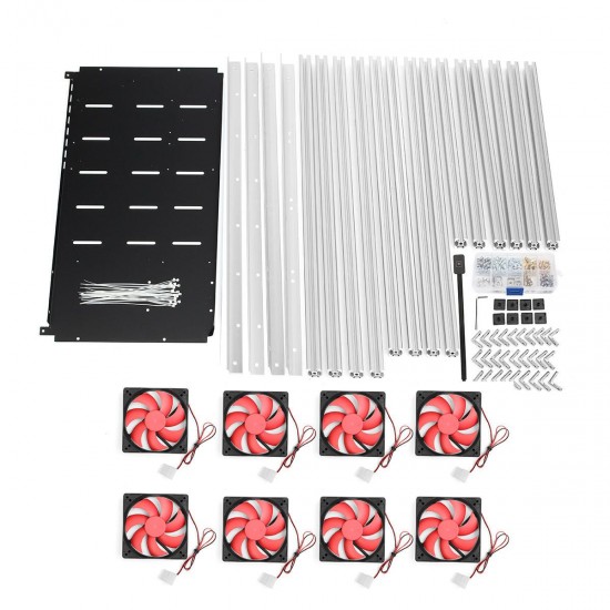 Aluminum 12 GPU Open Air Mining Rig Frame Case With 8 LED Fans For ETH Ethereum