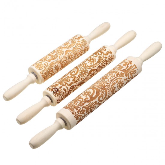 Christmas 3D Flower Wood Rolling Pin Embossing Baking Cookie Biscuit Fondant DIY Baking Tools