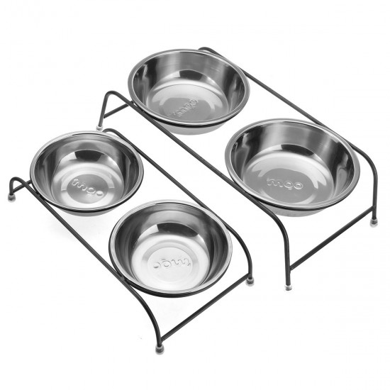 Double Pet Bowl Dish Dog Cat Stand Feeder Food Water Stainless Steel Durable