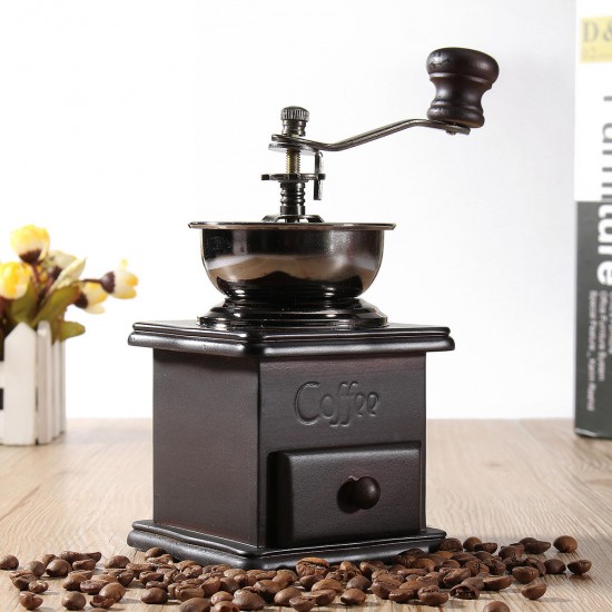 Manual Coffee Bean Grinder Spice Herbs Vintage Retro Hand Grinding Tool Wooden Burr Mill