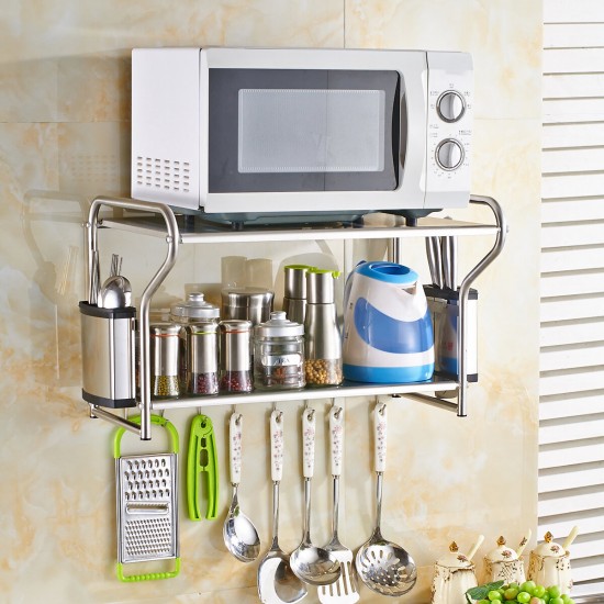 Microwave Oven Rack Kitchen Stainless Steel Wall Bracket Shelf Holder With Hooks
