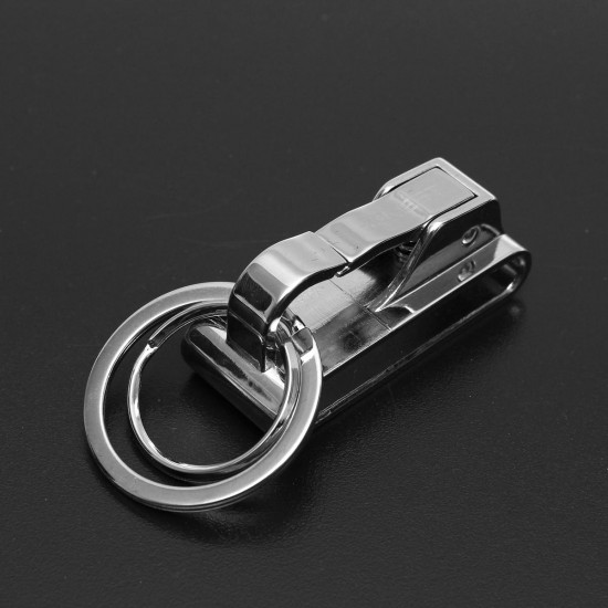 Modern Double Loops Ring Buckle Keyring Key Clip On Belt Leather Detachable Silver Keychain Gifts
