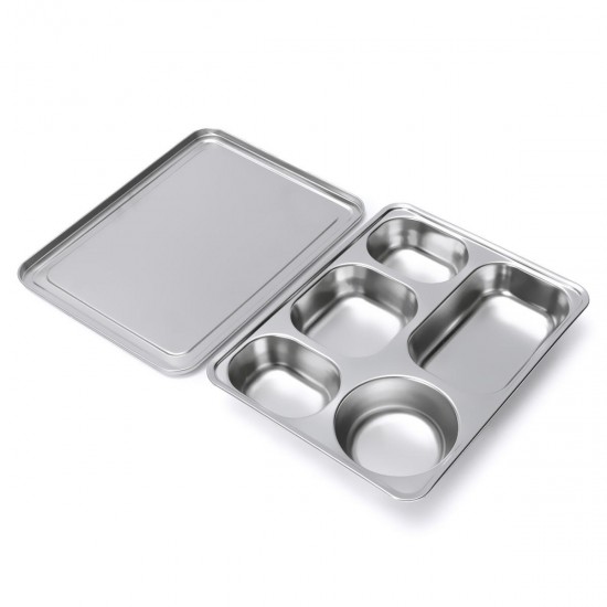 Stainless Steel Food Serving Tray Canteen Cafeteria Divided Lunch Box Bento Container with Lid