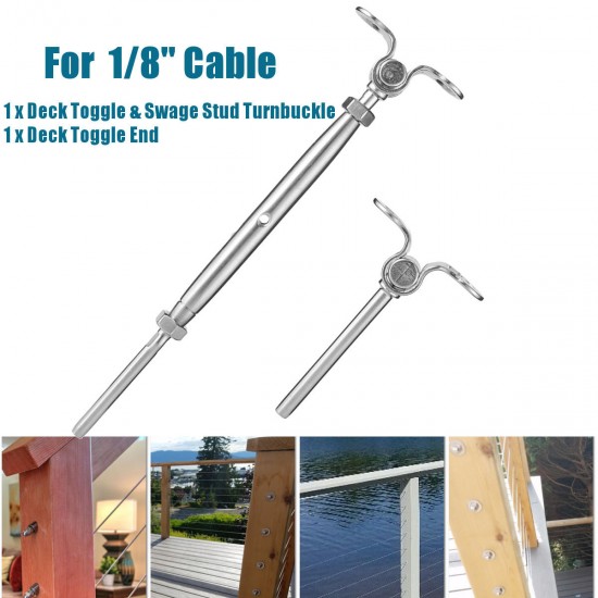 Stainless Steel Hand Swage Stud Turn Buckle Deck Toggle Tensioner Set for 1/8 Inch Cable Railing Stainless Steel Hand Swage Stud Turn Buckle Deck Toggle Tensioner Set for 1/8 Inch Cable Railing