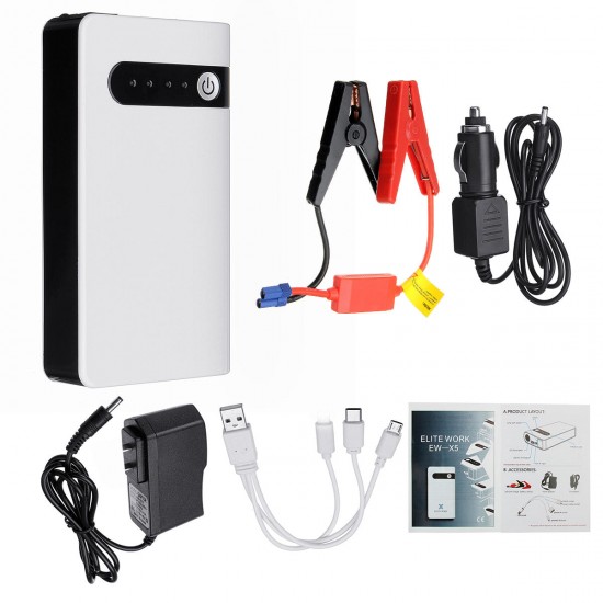 11000mAh 12V Portable Car Jump Starter Emergency Battery Booster Powerbank Waterproof with LED Flashlight 3-In-1 USB Port