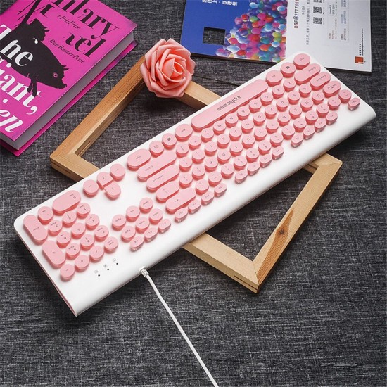 V580P 104 Keys Wired Keyboard Retro Round Keycaps Design Keyboard Pink Black Typing Keyboard For Office Desktop