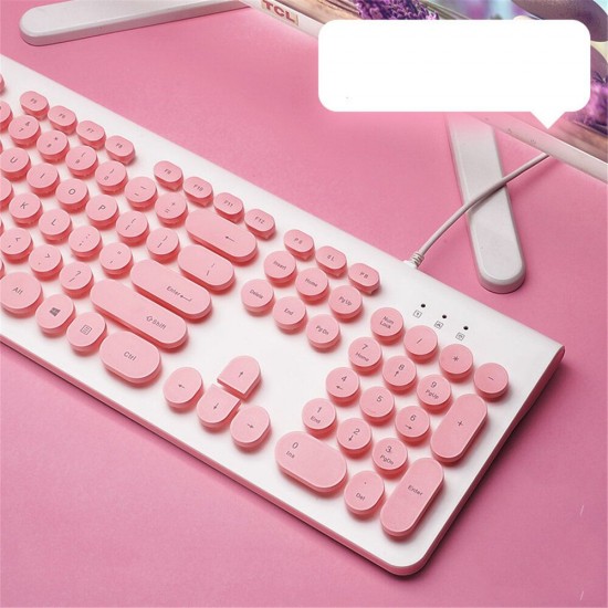 V580P 104 Keys Wired Keyboard Retro Round Keycaps Design Keyboard Pink Black Typing Keyboard For Office Desktop