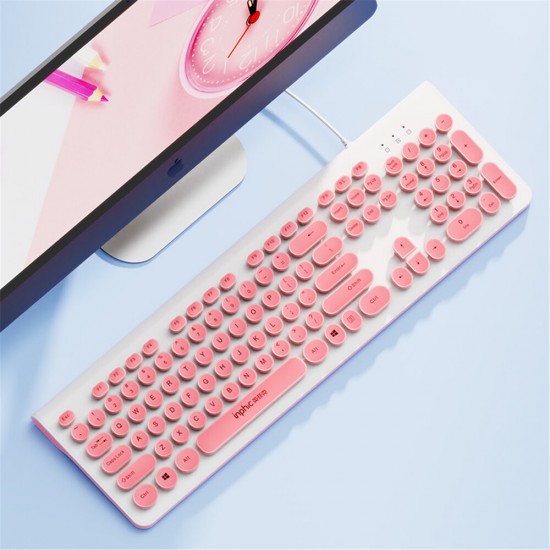 V580P 104 Keys Wired Keyboard Retro Round Keycaps Design Keyboard Pink Black Typing Keyboard For Office Desktop