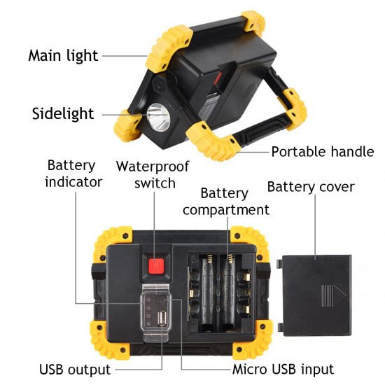 2 in 1 LED Flashlight Work Light USB COB Rechargeable Camping Lamp Searchlight