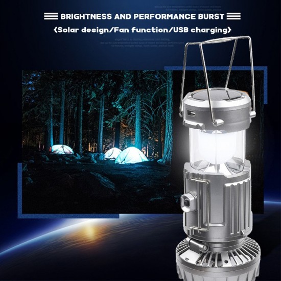 Solar Outdoor Fan Rechargeable Camping Lantern Light LED Hand Lamp Flashlight