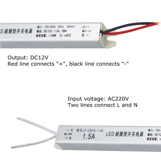 Thin LED Driver Power Supply AC180-260V To DC12V 18W/24W/36W/48W/60W/72W Lighting Transformer