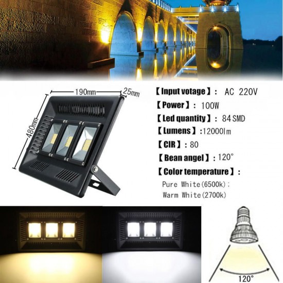 100W LED Thin Waterproof Flood Light Outdooors Garden Yard Lamp AC220V
