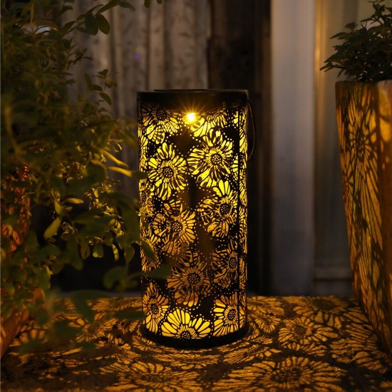 LED Solar Lantern Hanging Light with Handle Solar Lantern Waterproof Landscape Lantern Chrysanthemum Shadow Light for Outdoor Garden Hollow