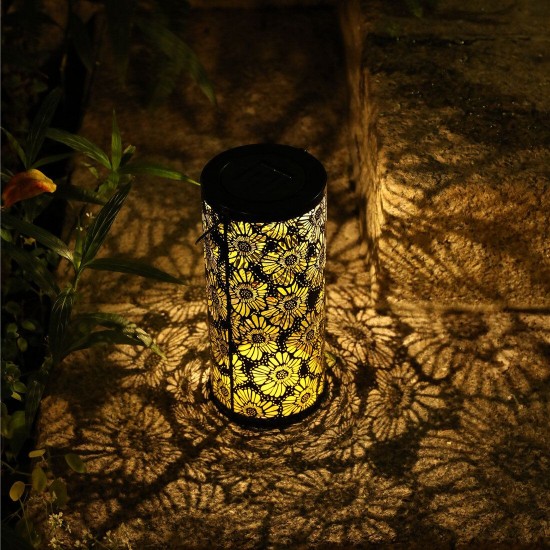 LED Solar Lantern Hanging Light with Handle Solar Lantern Waterproof Landscape Lantern Chrysanthemum Shadow Light for Outdoor Garden Hollow