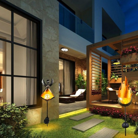 Solar Light Powered Metal LED Garden Light Outdoor Flame Effect Feature Lawn Ornament