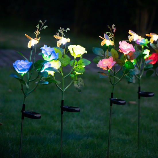 Solar Powered 4LED Artificial Rose and Bee Lawn Lamp Simulation Flower Landscape Garden Solar Light