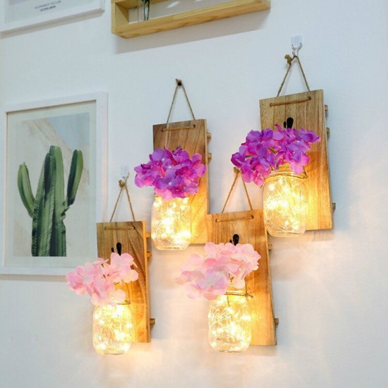 2 Pcs LED Copper Wire Light Mason Jar Flower Room Decor Wall Light for Garden Patio Living Room Bedroom