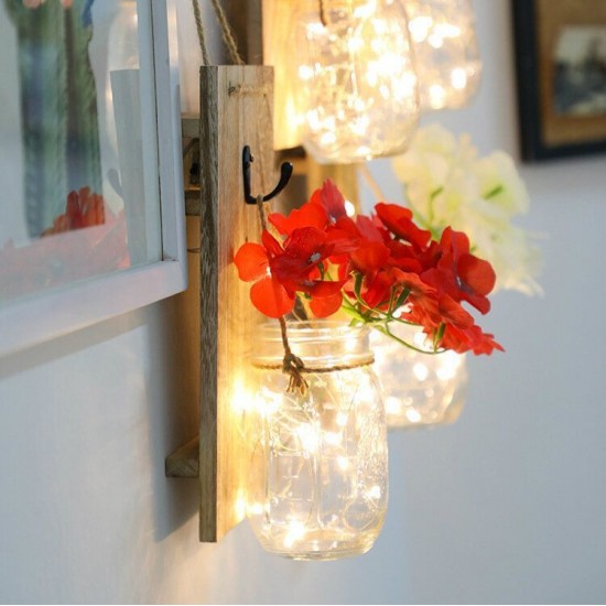 2 Pcs LED Copper Wire Light Mason Jar Flower Room Decor Wall Light for Garden Patio Living Room Bedroom