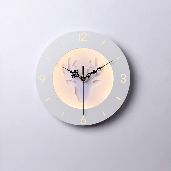 220V LED Nordic Deer Round Clock Night Light Wall Lamp Bedroom Living Room Decor 24CM