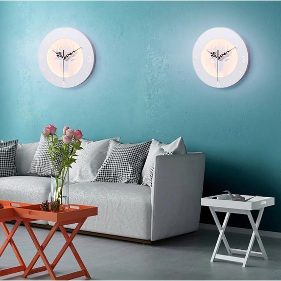 220V LED Nordic Deer Round Clock Night Light Wall Lamp Bedroom Living Room Decor 24CM