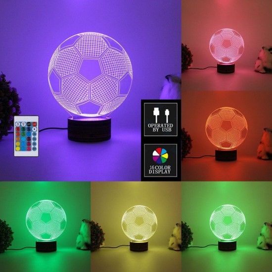 3D Football LED Night Light 16 Color Adjustable USB 4 Mode Lamp + Remote Control