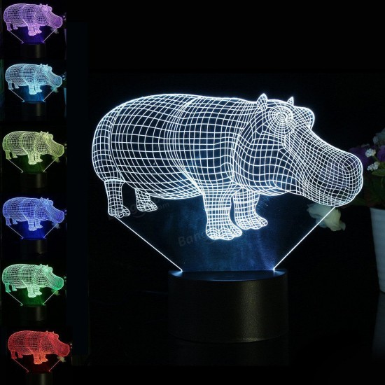 3D Hippo Desk Table Lamp 7 Color Changing LED Night Light Decor Xmas Gift