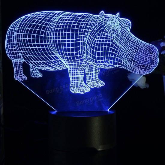 3D Hippo Desk Table Lamp 7 Color Changing LED Night Light Decor Xmas Gift
