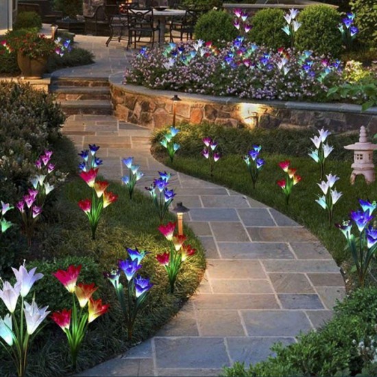 3Pc 4 Head Lily Flower Solar Light Colorful LED Decorative Outdoor Lawn Lamp Home Garden IP65 Waterproof Flower Night Light