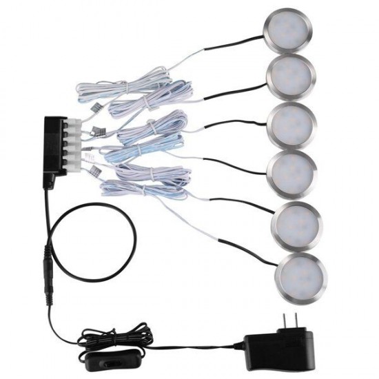 6pcs 2W LED Aluminum Round Thin Cabinet Colset Night Light Kit with DC12V Power Supply