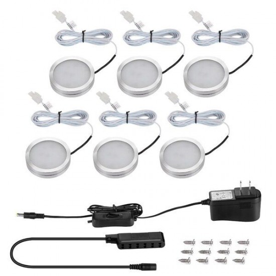 6pcs 2W LED Aluminum Round Thin Cabinet Colset Night Light Kit with DC12V Power Supply