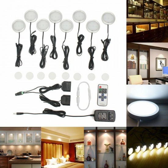 8PCS LED Cabinet Light White Dimmable Kitchen Counter Under Puck RF Wireless Remote Control + Power Supply 8PCS LED Cabinet Light White Dimmable Kitchen Counter Under Puck RF Wireless Remote Control + Power Supply