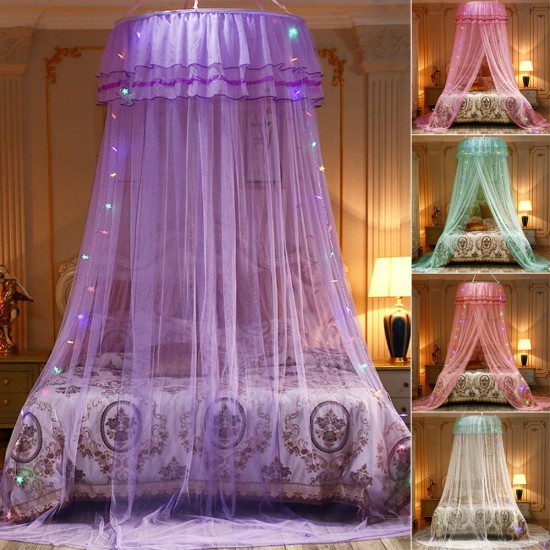 Mosquito Net Bedding Lace LED Light Princess Dome Mesh Bed Canopy Bedroom Decor