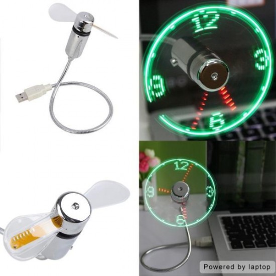 USB Mini Flexible Fan Clock with LED Light For PC Laptop