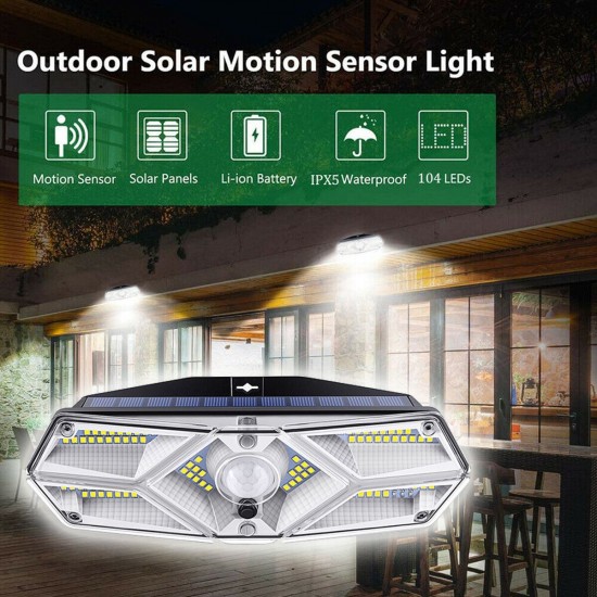 104 LED Solar Power Lights PIR Motion Sensor Wall Lamp Garden Security Outdoor