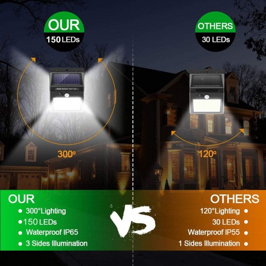 1/2/4Pcs 150 LED Outdoor Solar Powered Light PIR Motion Sensor Garden Security Wall Lamp