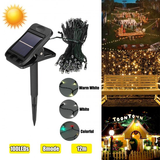 12M 8 Mode Solar Powered 100LED String Light Waterproof Copper Wire Fairy Outdoor Garden Clip Yard Lawn Lamp