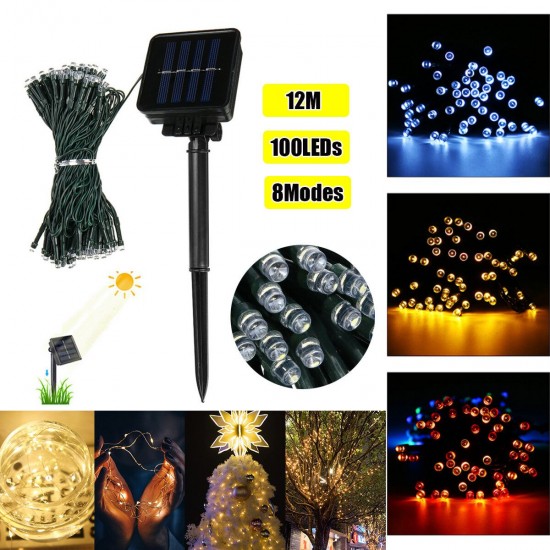 12M 8 Modes Outdoor 100LED Solar Fairy String Light Waterproof Garden Yard Holiday Christmas Decor