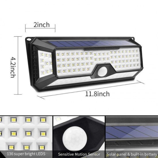 136 LED Four-sided Solar Garden Light Body PIR Motion Sensor Lamp 3400mAh Yard