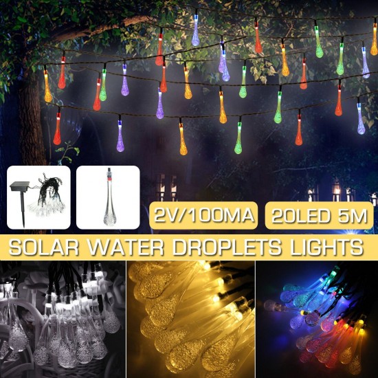 16.4FT 5M 20LED Solar Outdoor String Light Two Modes Water Drop Fairy Lamp Garden Christmas Decoration