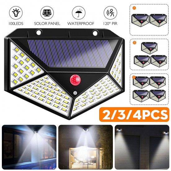 2/3/4PCS 100LED Solar Light Wireless Motion Sensor Waterproof Security Outdoor Garden Wall Lamp