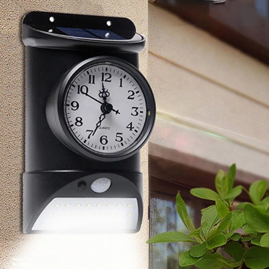 28LED Solar Outdoor Wall Lamp Body Light Control IP44 White Light Clock/Hygrometer/Thermometer